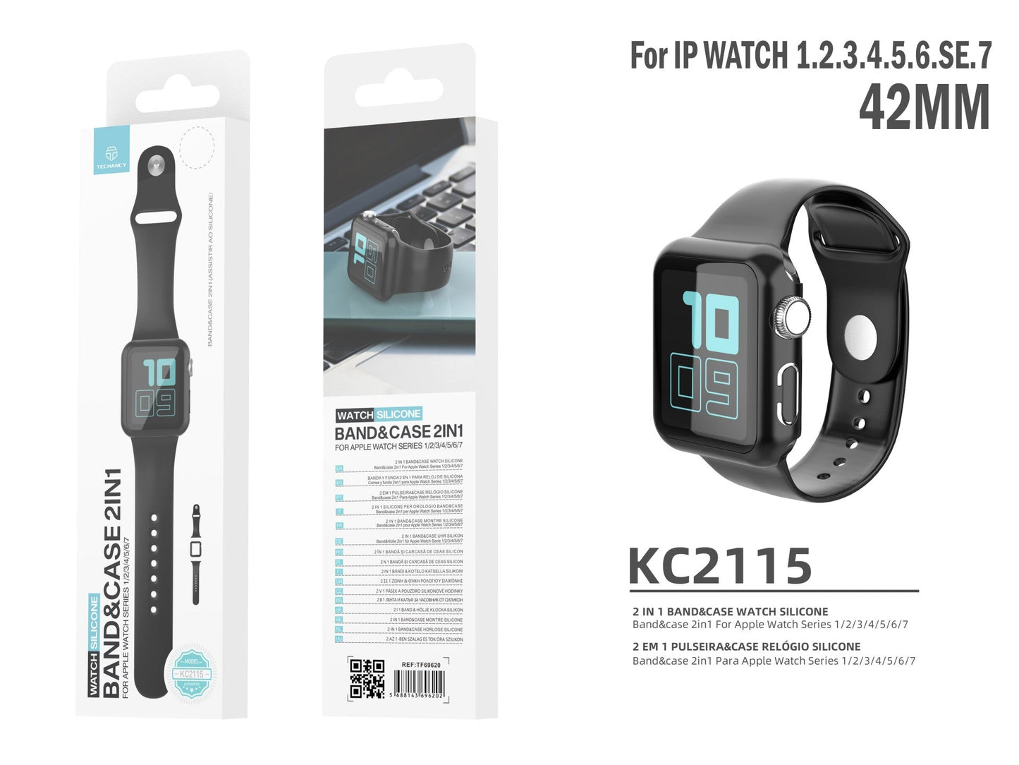 Pulseira de silicone para relógio Techancy, KC2115, com protetor de ecrã, compatível com Apple Watch 42 mm, Preto