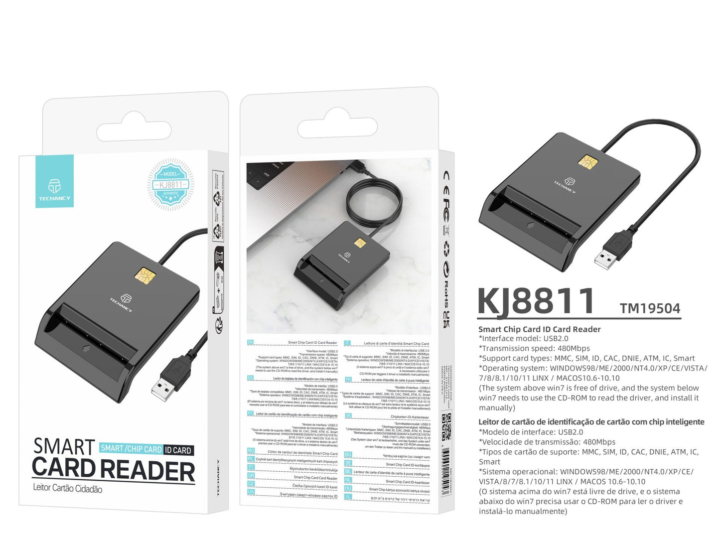 Techancy Leitor De Chips Inteligentes KJ8811, USB2.0, 480Mbps, Compatível Com Uma Vasta Gama De Cartões e Sistemas