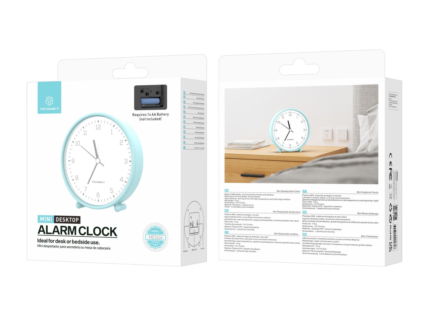 Techancy Mini despertador de mesa ME2624 silencioso números grandes espelho HD corpo ABS portátil para quarto e secretária cor azul
