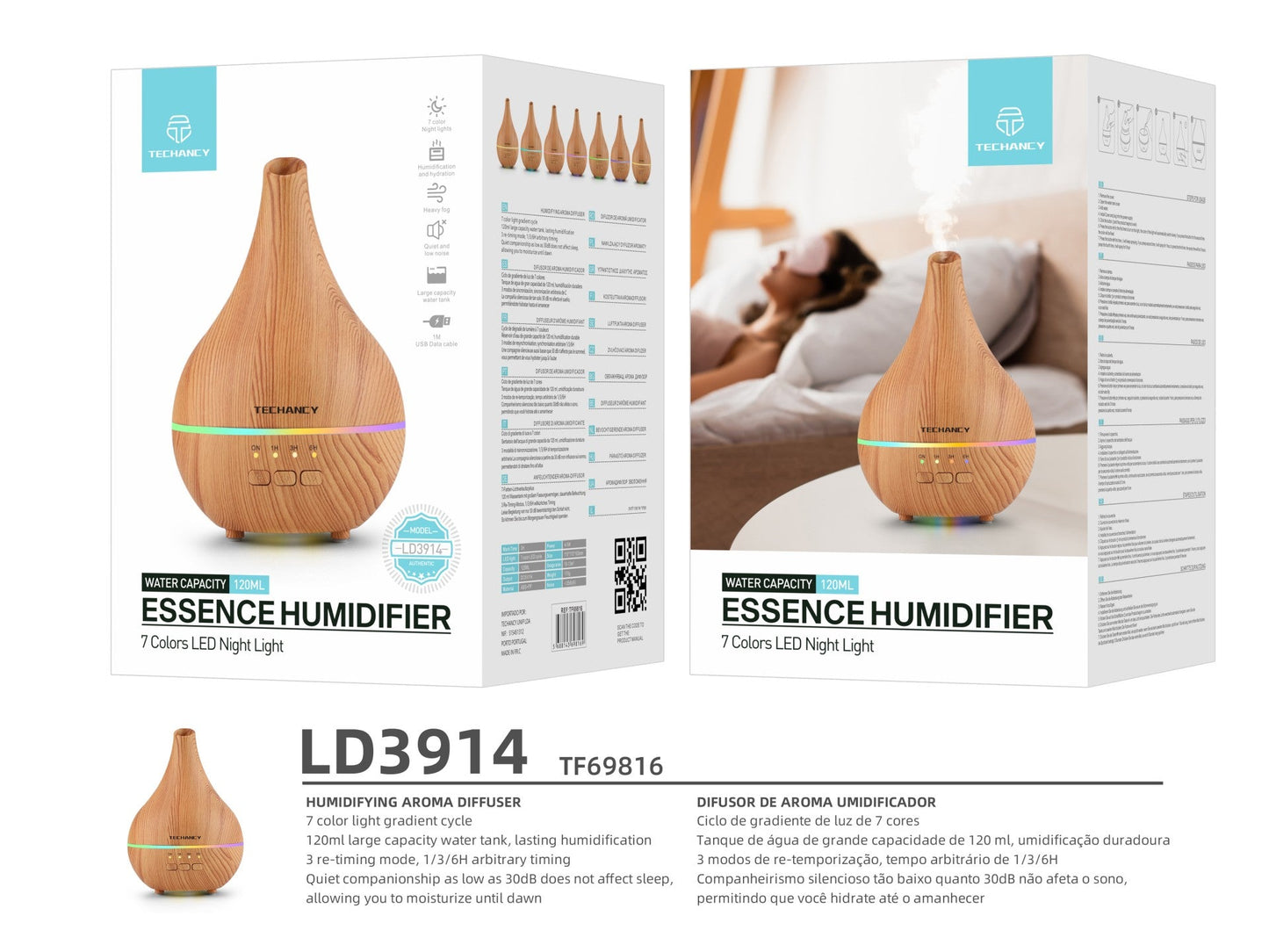 Difusor de aromaterapia Techancy, LD3914, com função humidificadora, acabamento em madeira