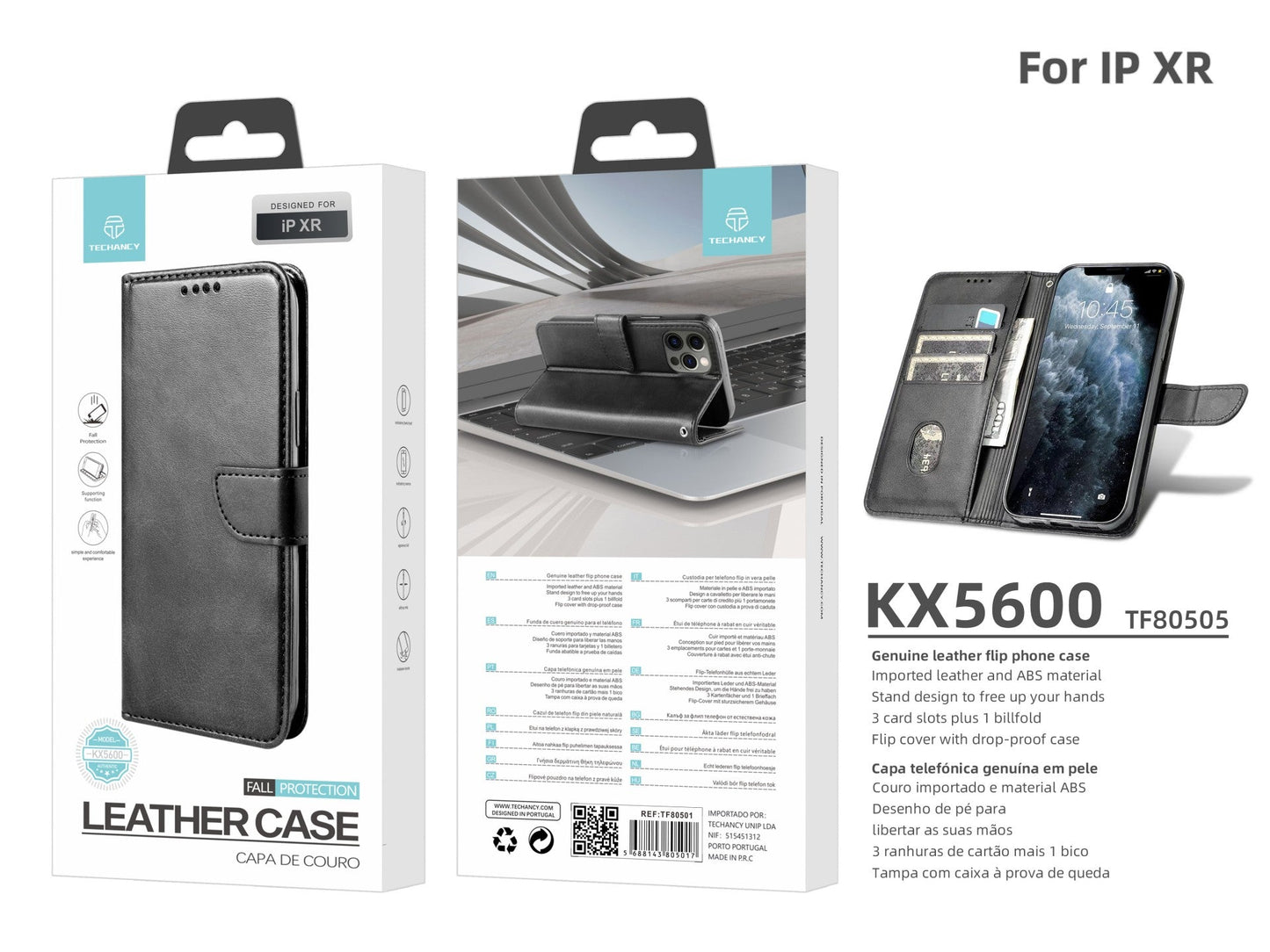 Capa flip em couro para telemóvel com 3 ranhuras para cartões, KX5600, função suporte e proteção contra quedas, compatível com iPhone XR, Preto
