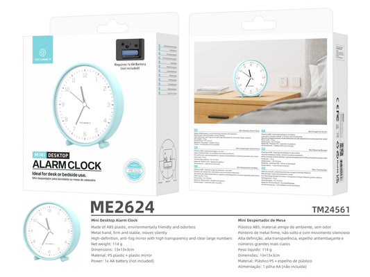 Techancy Mini despertador de mesa ME2624 silencioso números grandes espelho HD corpo ABS portátil para quarto e secretária cor azul