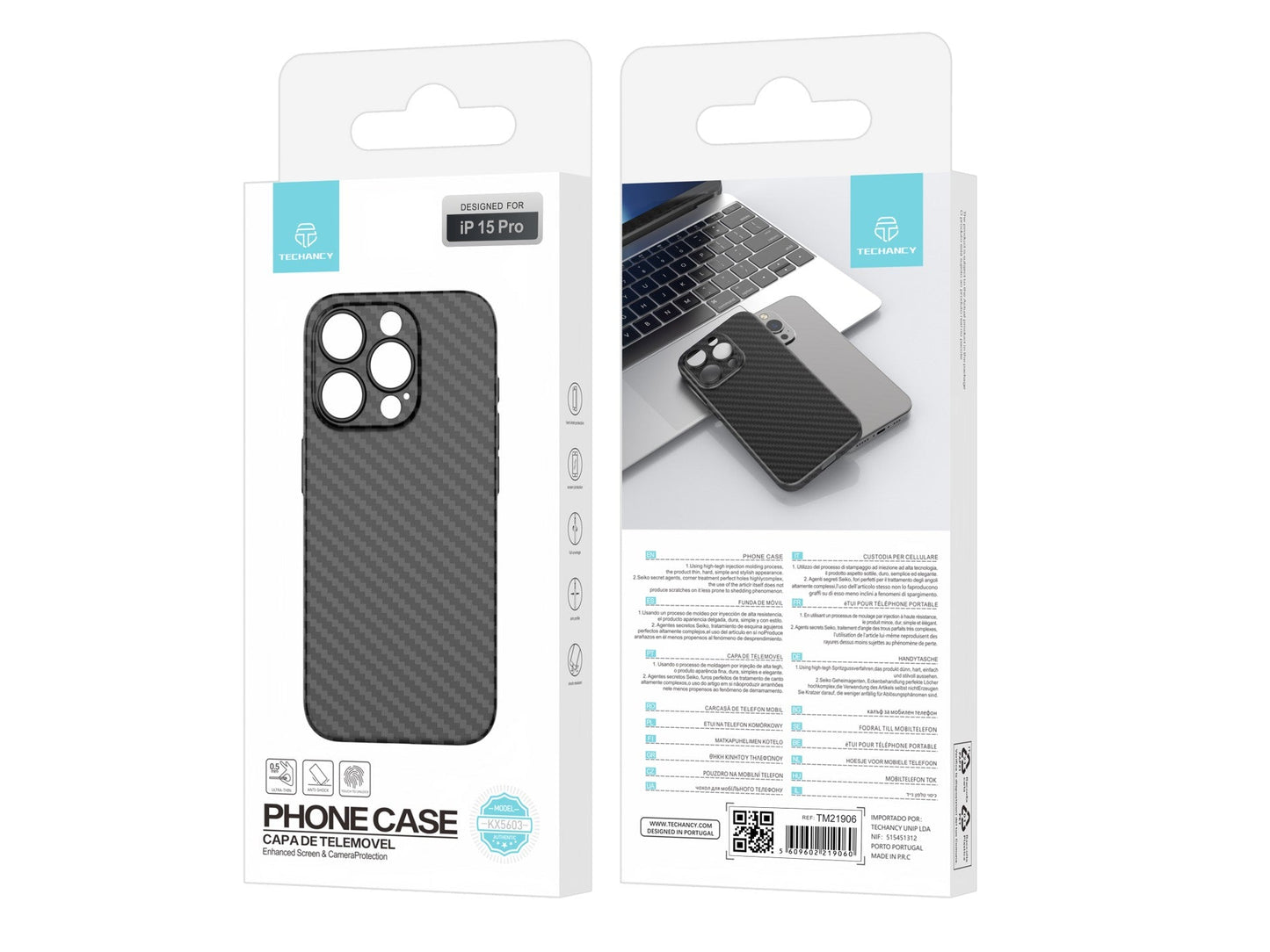 Techancy Capa Para Telemóvel Ultra Fina Em Fibra De Carbono KX5603, Compatível Com Iphone 15 Pro, Material Pp De 0,5 Mm.