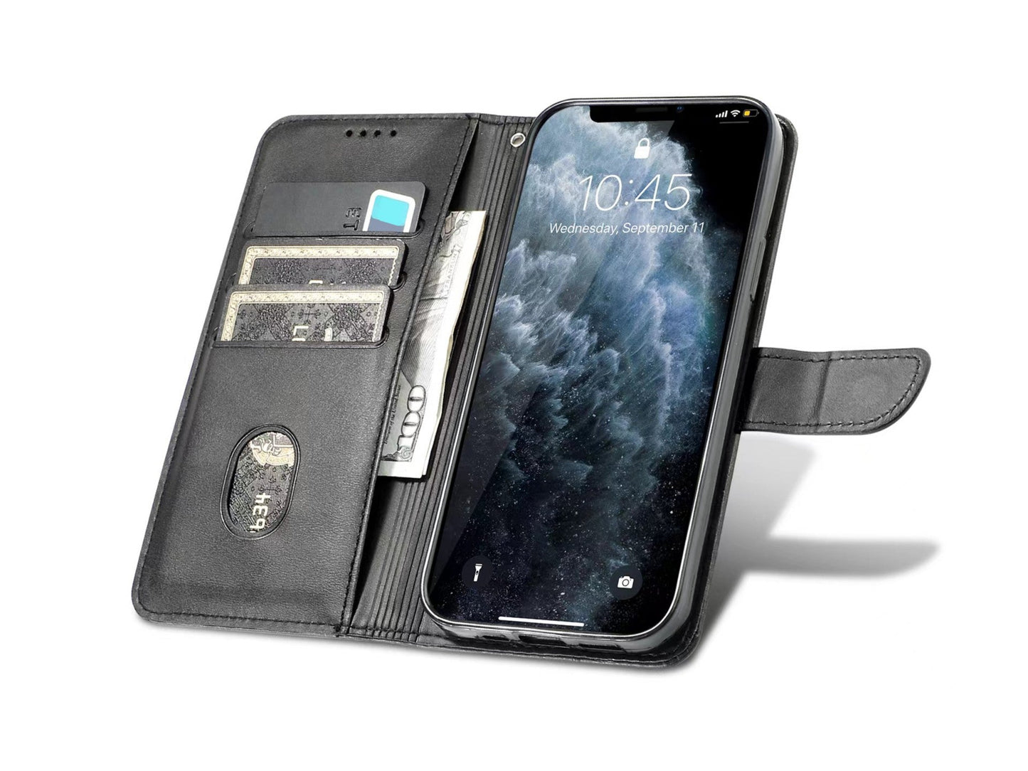 Capa flip em couro para telemóvel com 3 ranhuras para cartões, KX5600, função suporte e proteção contra quedas, compatível com iPhone XR, Preto