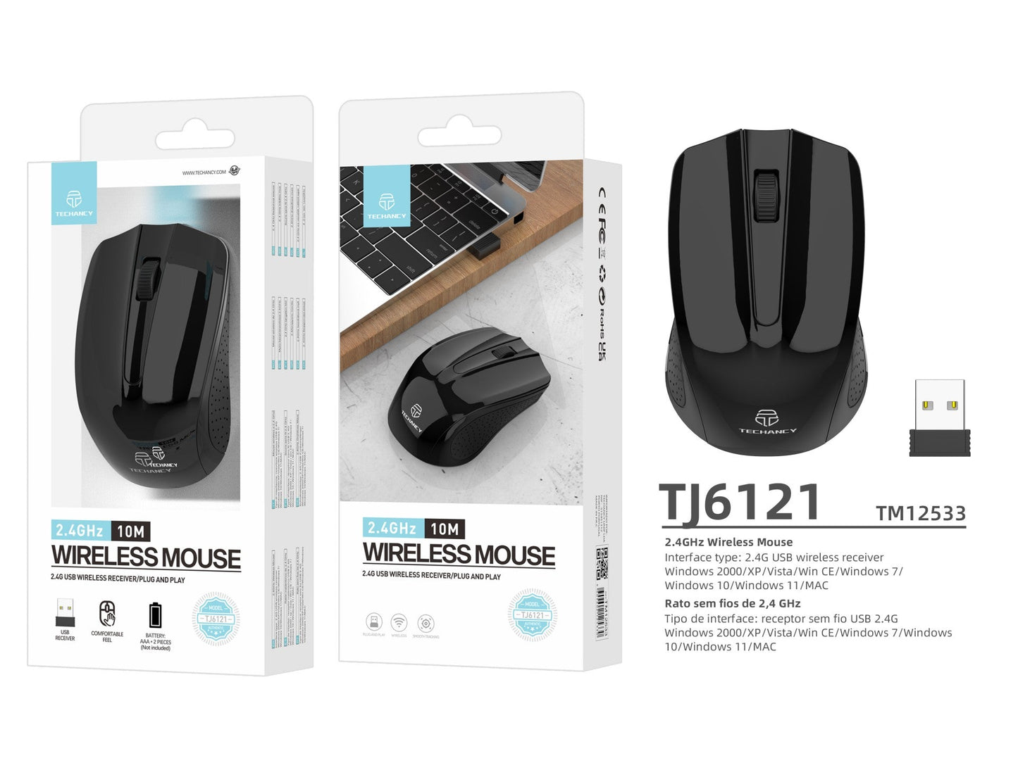 Techancy Rato Sem Fios 2.4g Preto TJ6121, Distância Sem Fios De 10 M, Plug And Play, Compatível Com Pc/Mac, Design Ergonómico