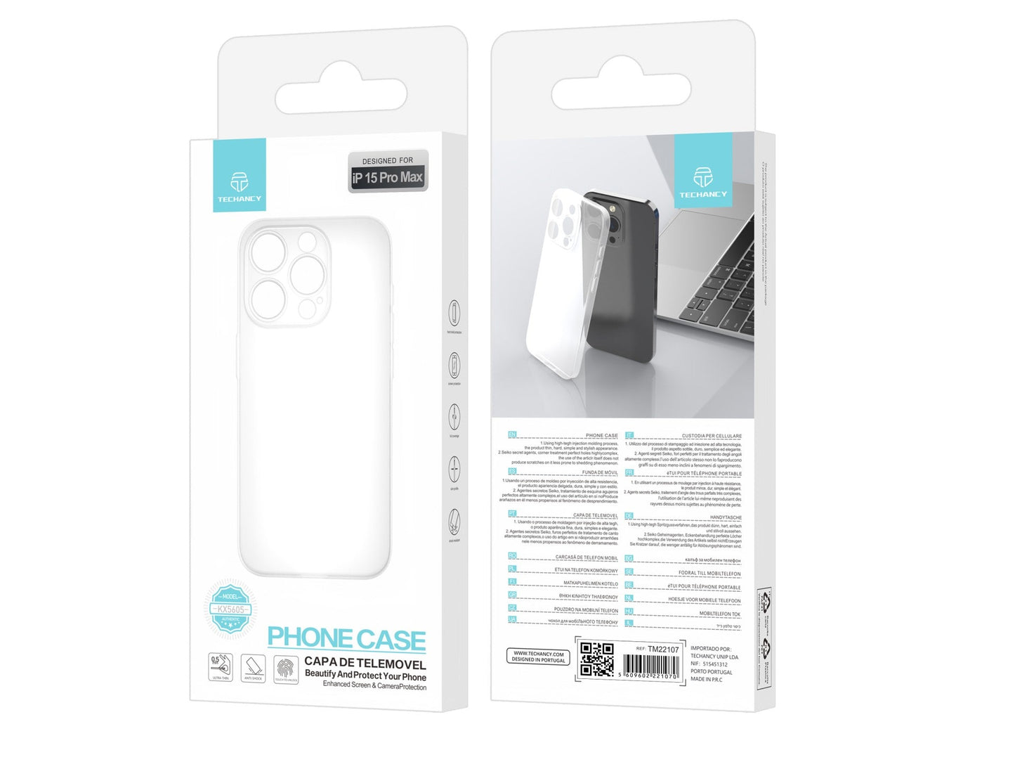 Techancy Capa Para Telemóvel Ultrafina Cor Transparente KX5605, Compatível Com O Telemóvel Iphone 15 Pro Max, Material Pp De 0,5 Mm.