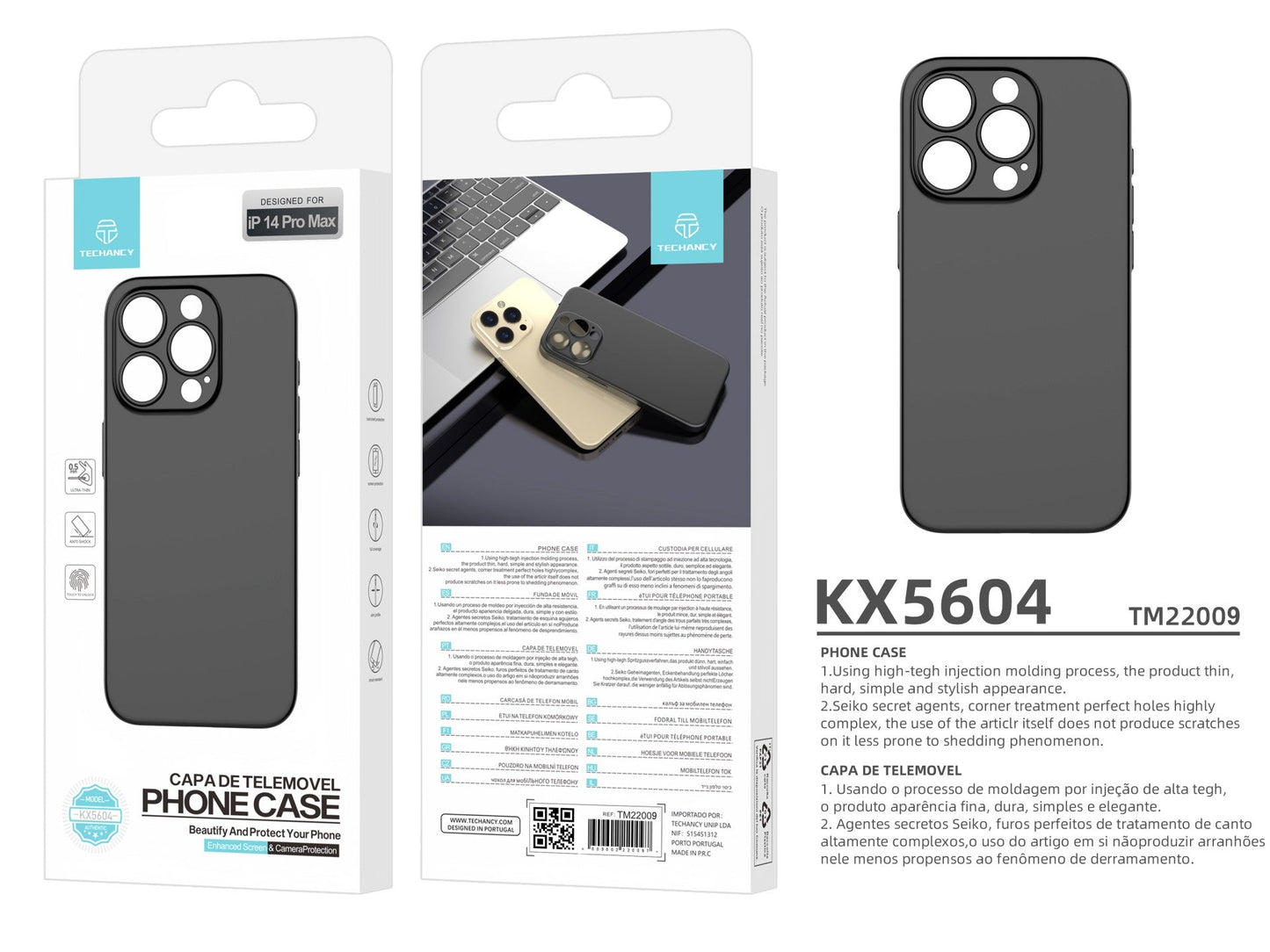 Techancy Capa Para Telemóvel Ultra Fina Preta KX5604, Compatível Com O Telemóvel Iphone 14 Pro Max, Material Pp De 0,5 Mm.