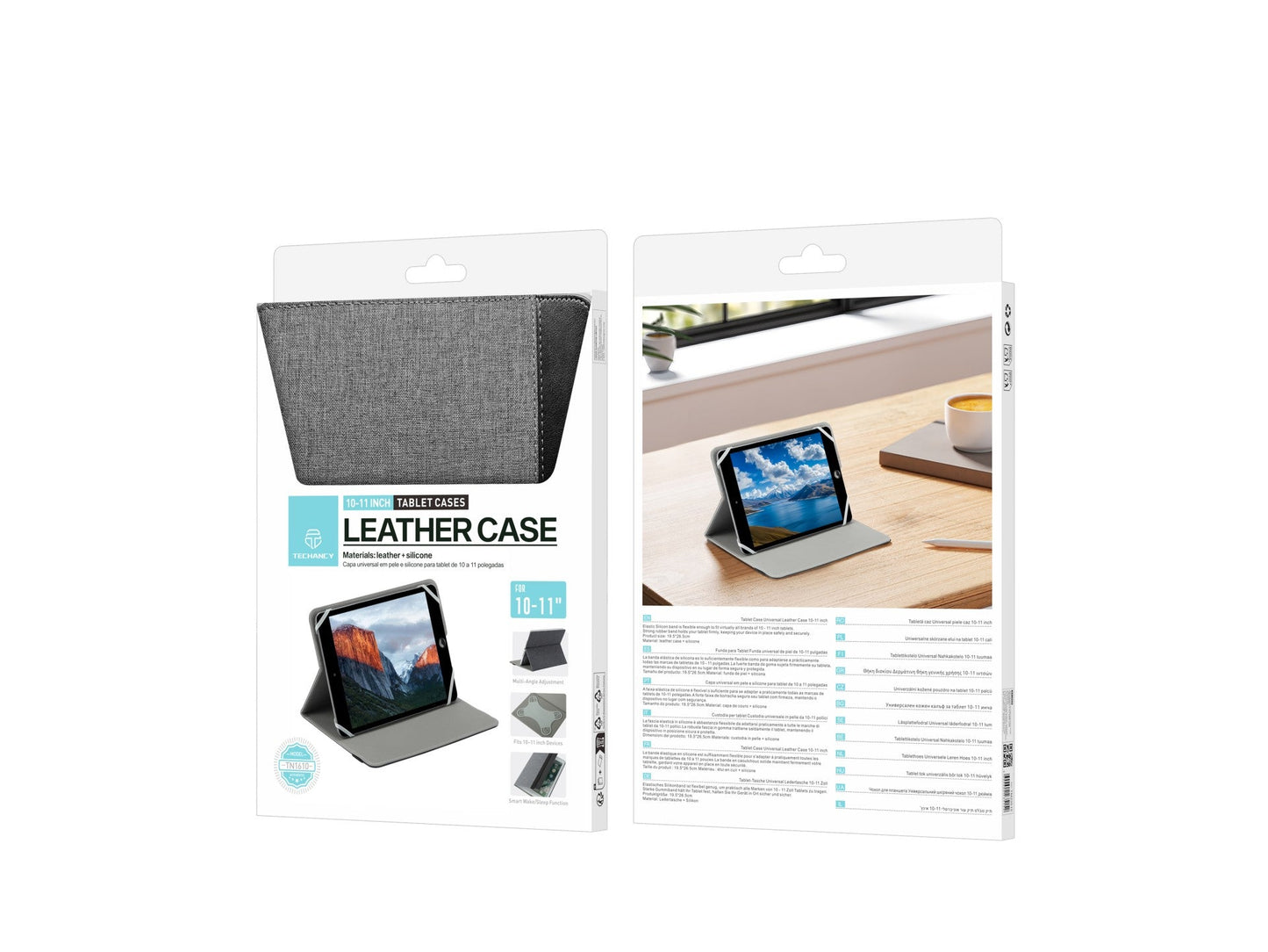 Techancy Capa Tablet TN1610 Universal Para 10-11 Polegadas Couro Silicone Ajustavel Multiangulos Faixa Elastico Antiderrapante Cinza