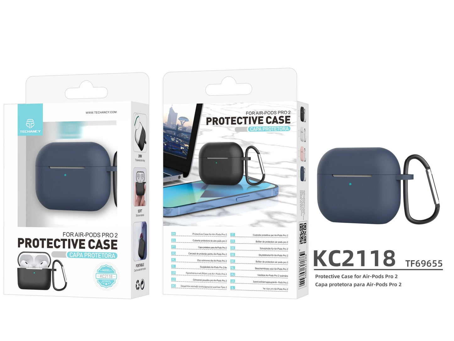 Capa protetora de silicone para auriculares Techancy, KC2118, compatível com AirPods Pro 2.ª geração, azul