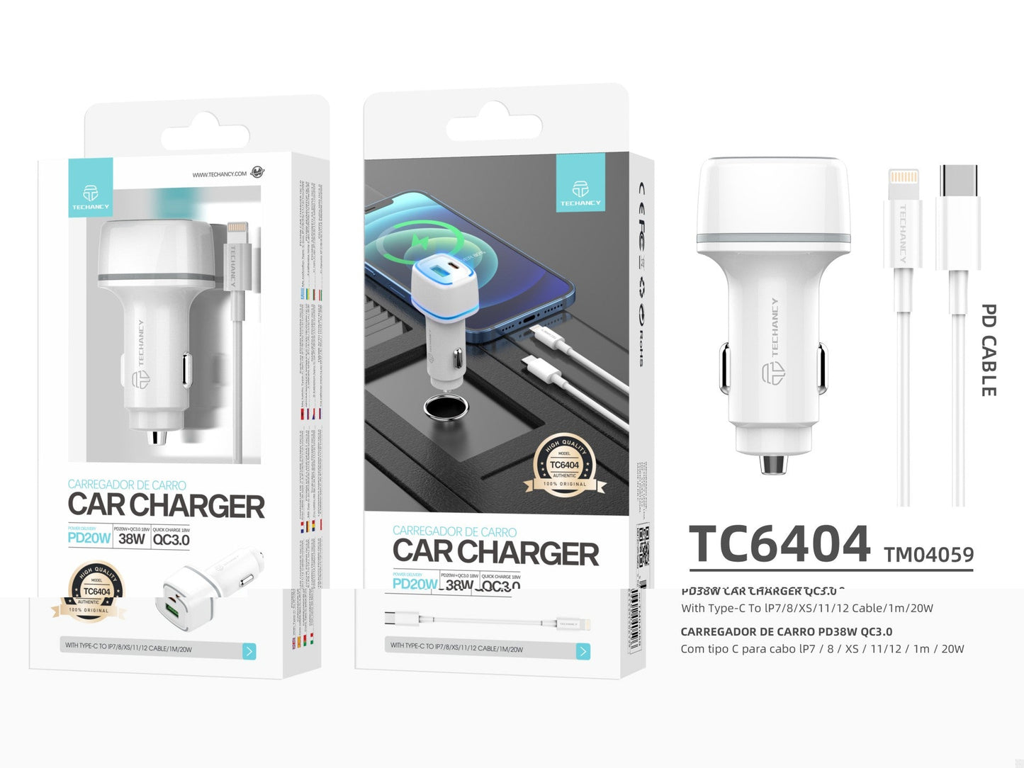 Techancy Carregador De Automóvel 38w  TC6404, Carregamento Rápido Pd3.0+Qc3.0, Conjunto De Cabos Usb C-Lightning,