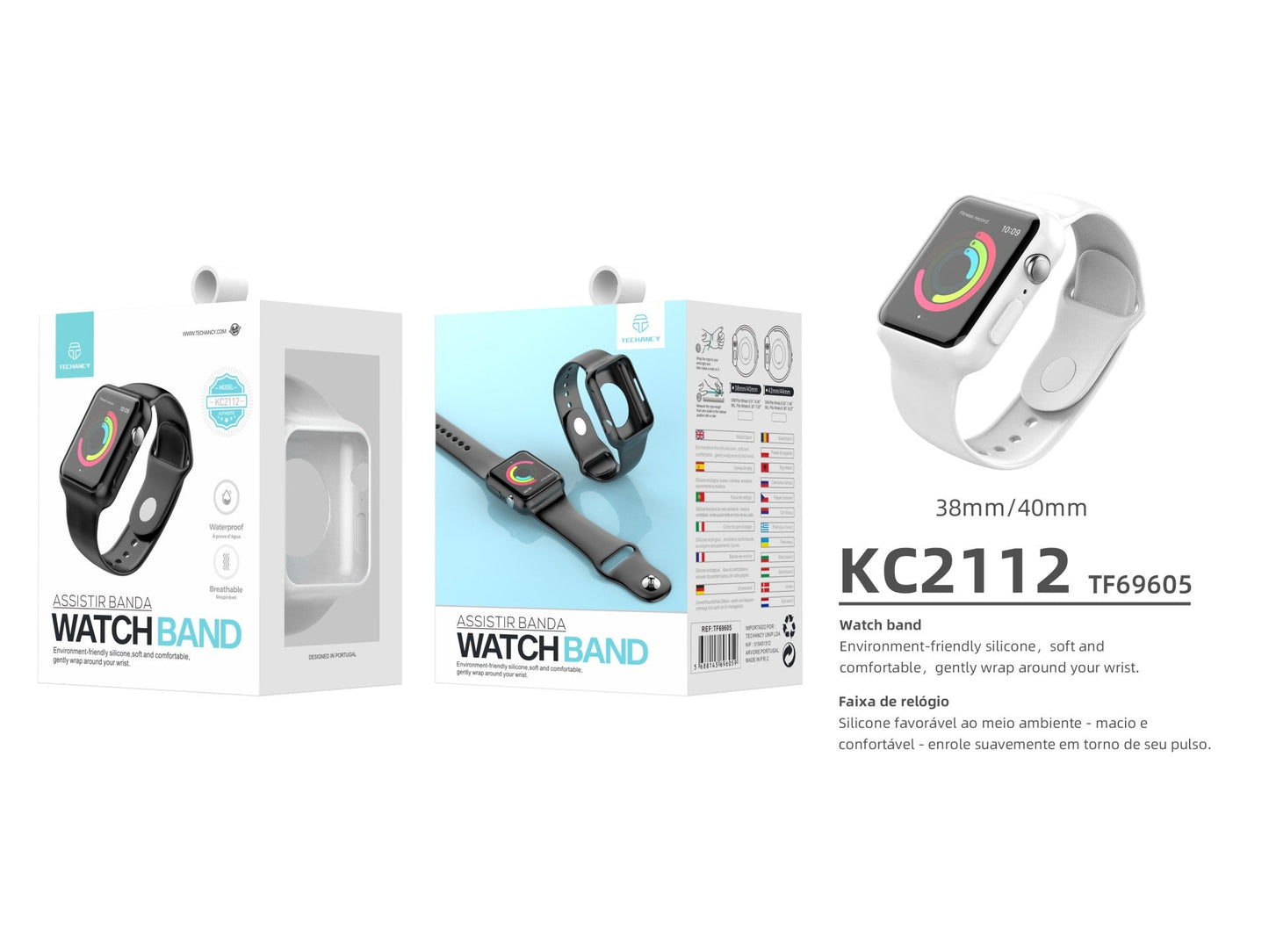Pulseira para relógio totalmente adesiva Techancy, KC2112, compatível com Apple Watch 38-40 mm, Branco