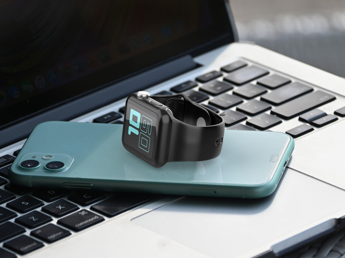 Pulseira de silicone para relógio Techancy, KC2115, com protetor de ecrã, compatível com Apple Watch 42 mm, Preto