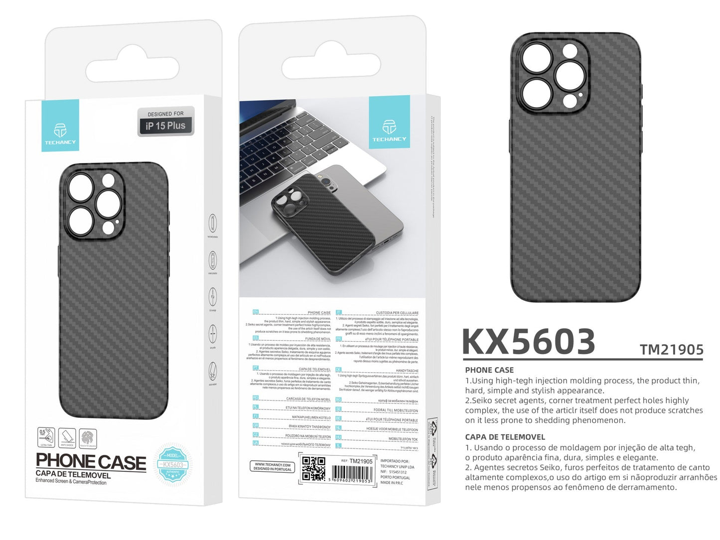 Techancy Capa Para Telemóvel Ultra Fina Em Fibra De Carbono KX5603, Compatível Com Iphone 15 Plus, Material Pp De 0,5 Mm.