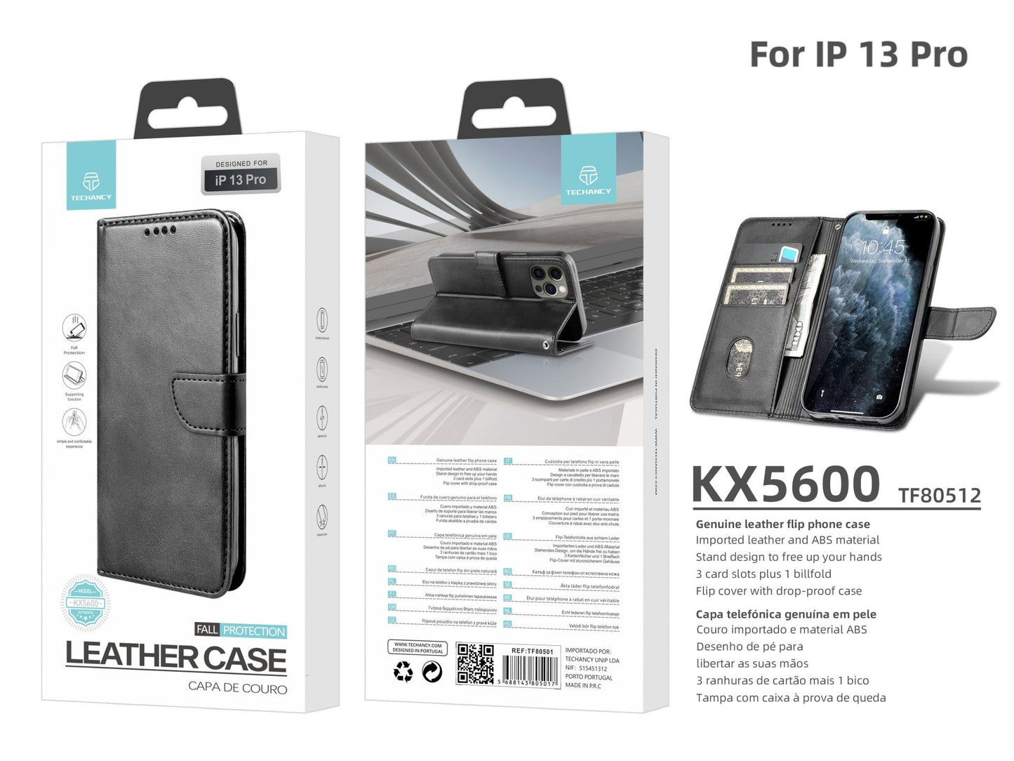 Capa flip em couro para telemóvel com 3 ranhuras para cartões, KX5600, função suporte e proteção contra quedas, compatível com iPhone 13 Pro, Preto