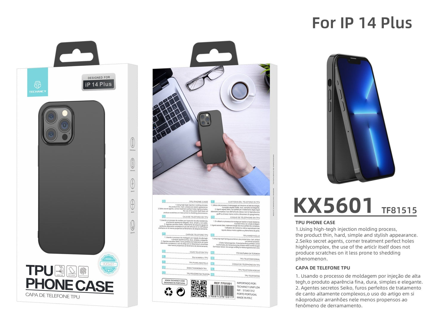 Capa para telemóvel Techancy New TPU Preto, KX5601, com proteção para a lente da câmara, compatível com iPhone 14 Plus