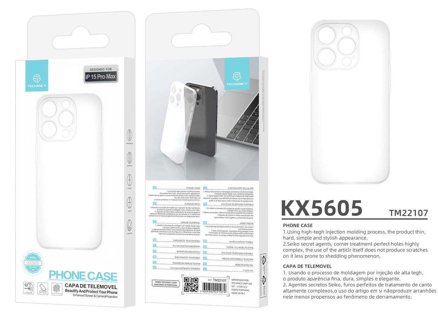 Techancy Capa Para Telemóvel Ultrafina Cor Transparente KX5605, Compatível Com O Telemóvel Iphone 15 Pro Max, Material Pp De 0,5 Mm.