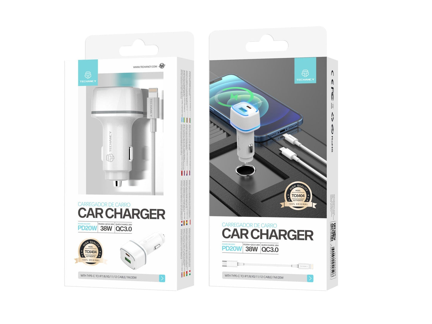Techancy Carregador De Automóvel 38w  TC6404, Carregamento Rápido Pd3.0+Qc3.0, Conjunto De Cabos Usb C-Lightning,
