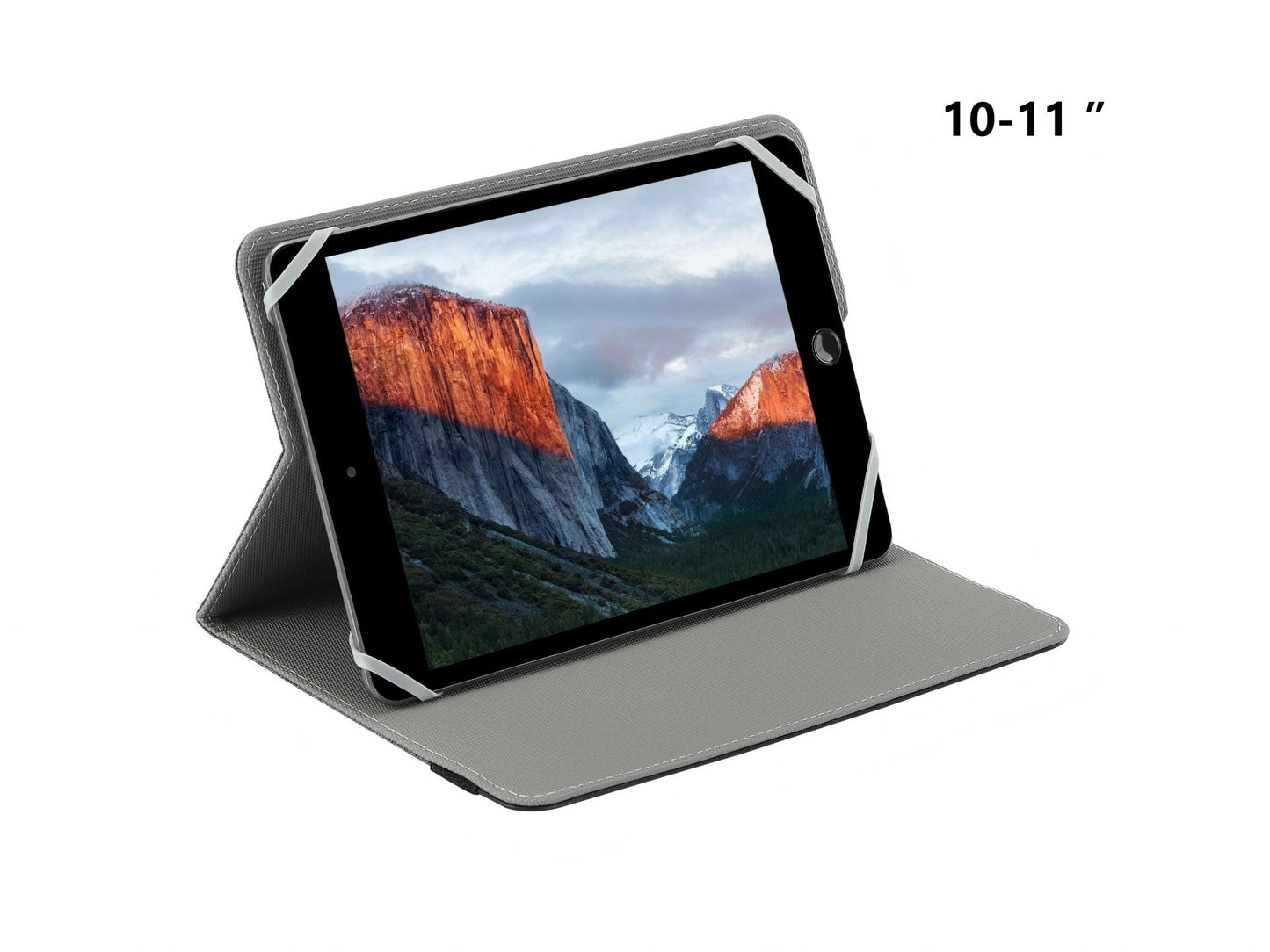 Techancy Capa Tablet TN1610 Universal Para 10-11 Polegadas Couro Silicone Ajustavel Multiangulos Faixa Elastico Antiderrapante Cinza