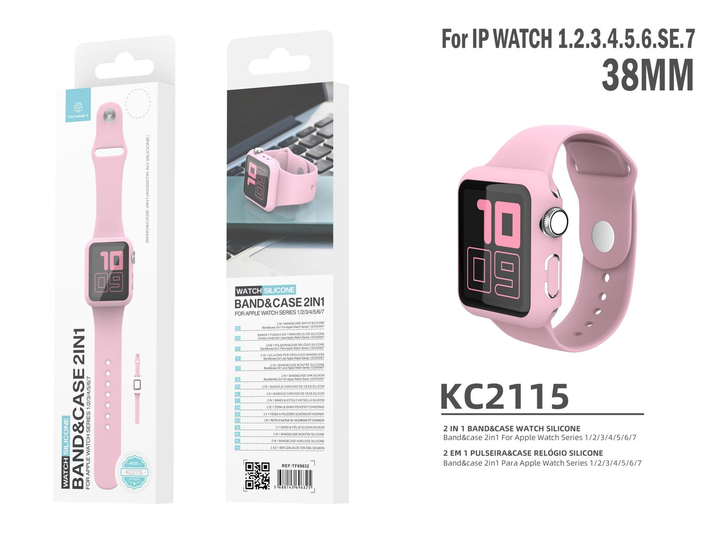 Pulseira de silicone para relógio Techancy, KC2115, com protetor de ecrã, compatível com Apple Watch 38 mm, rosa